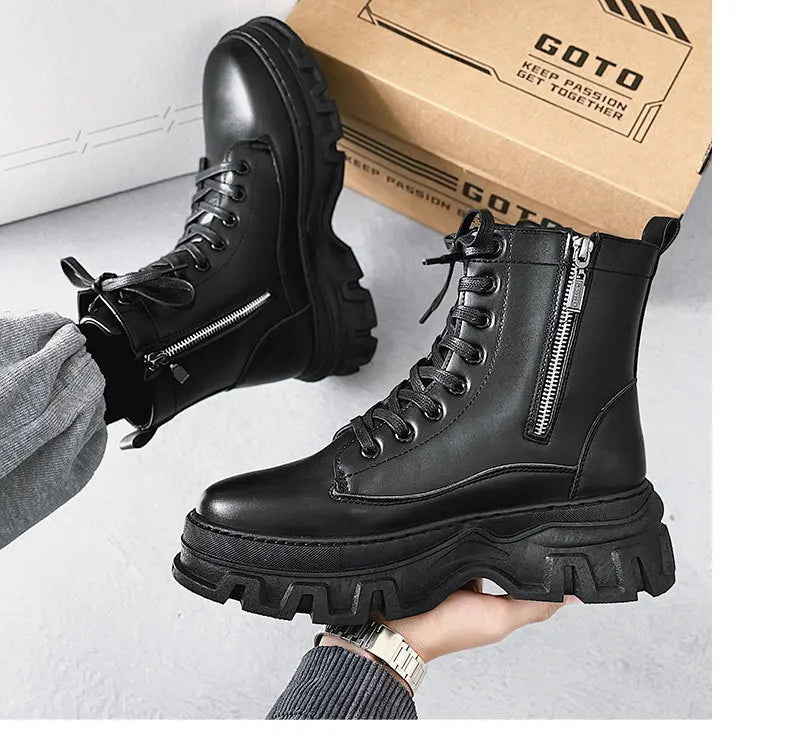 Leather England Black Men's Biker Boot Fashion Young Waterproof Trendy Boots Man Autumn Winter High Top Classic Basic Shoes