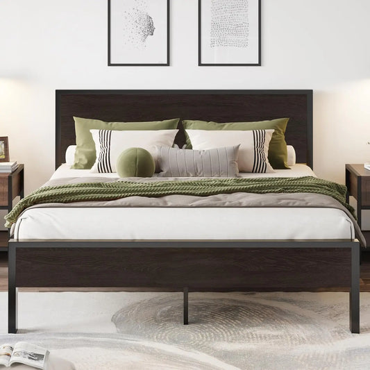 Queen Bed Frame with Headboard, Heavy Duty Platform Base with Under-Bed Storage, Solid Metal Construction, No Box Spr