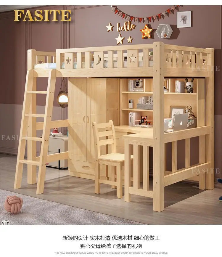 Solid wood bed Under table High and low bed Integrated combination wardrobe Multifunctional desk Learning overhead