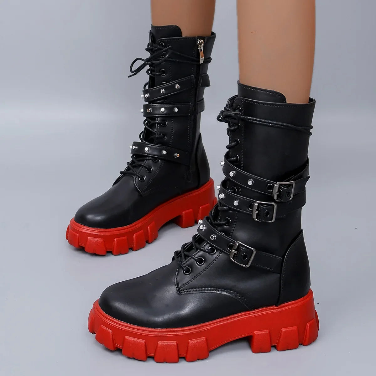 Luxury Brand Woman Boots  Winter New Pu Leather Platform Fashion Lace Up Punk Gothic Booties Casual Work Shoes botines mujer