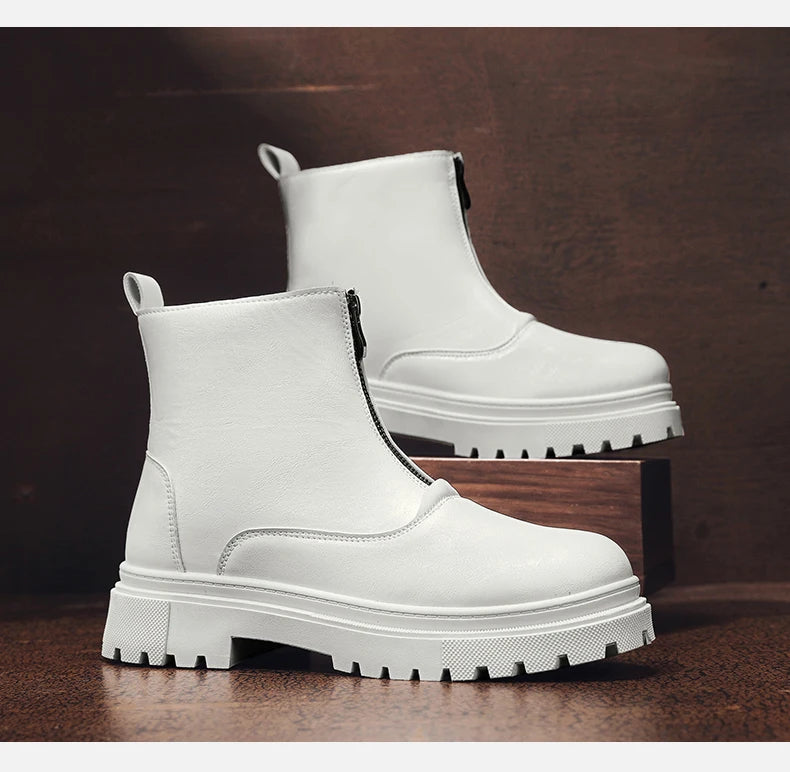 Men's Winter Leather Boots High Tops Zippers Waterproof Big Round Toe Trendy All-match New Fashion Mans Tooling Boot Main Push