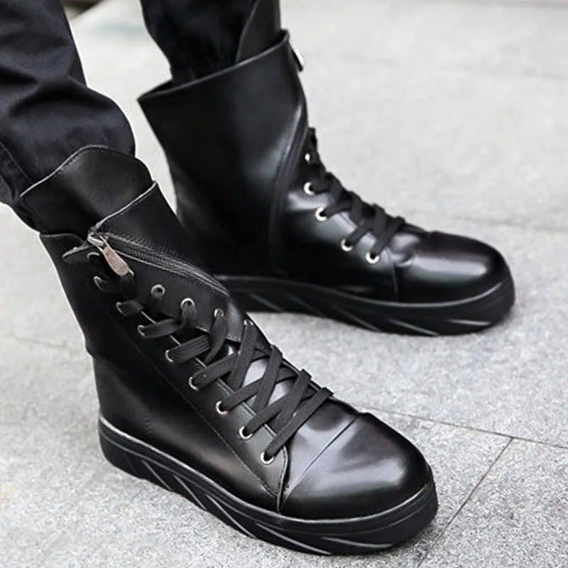 Fashion Pleated Leather Mens Casual Shoes Spring Autumn New High Top Men Boots Ankle Mens Boots Zipper Casual Footwear white
