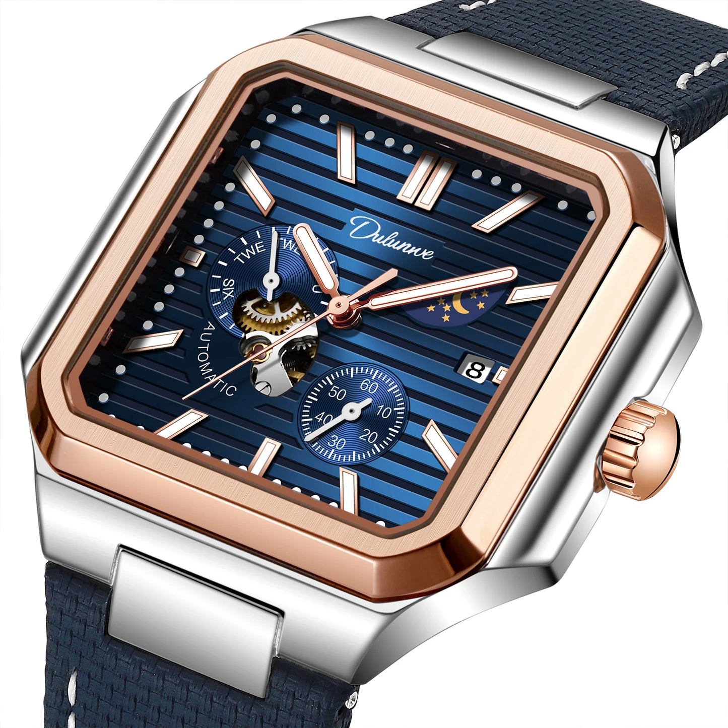 Dulunwe Fashion Men's Watch Automatic Mechanical Multi-function Small Dial Square Design 30M Waterproof Top Brand Wristwatches