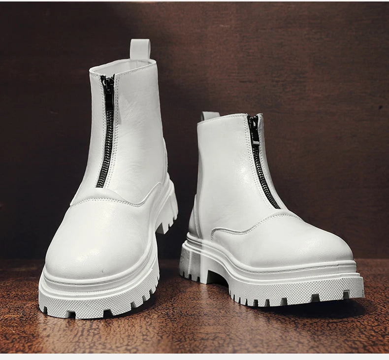 Men's Winter Leather Boots High Tops Zippers Waterproof Big Round Toe Trendy All-match New Fashion Mans Tooling Boot Main Push