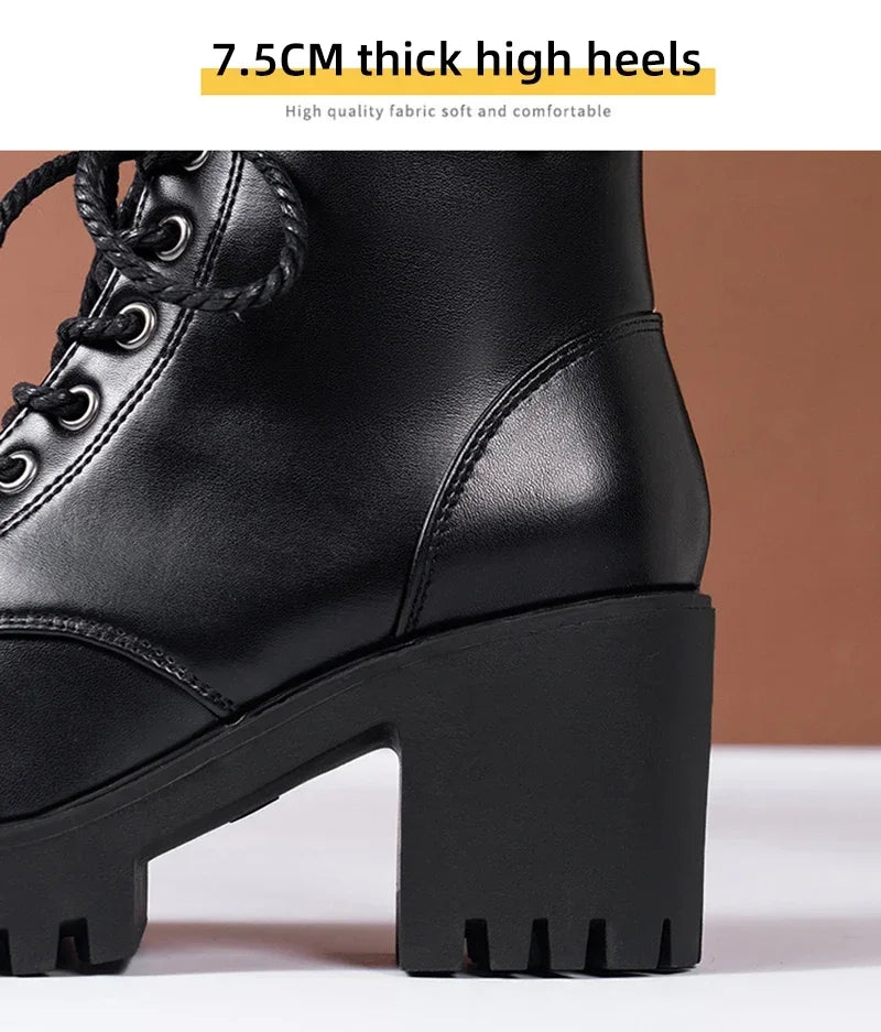 Winter Women's Boots 2024 New Lace Up Boots for Womens Fashion Thick Heel Side Zipper Ankle Boots Warm Female Motorcycle Shoes