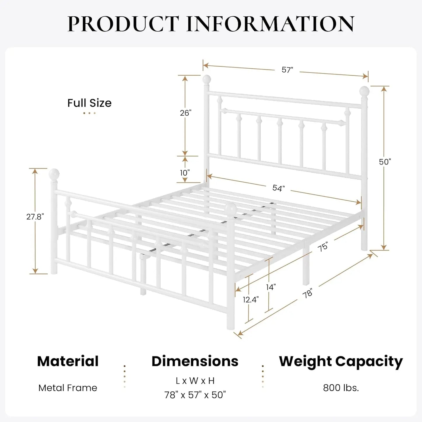 14'' Full Size Metal Platform Bed Frame/Victorian Headboard and Footboard/Steel Slats Mattress Foundation for Storage
