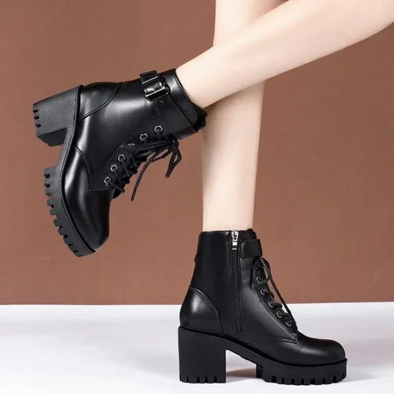 Winter Women's Boots 2024 New Lace Up Boots for Womens Fashion Thick Heel Side Zipper Ankle Boots Warm Female Motorcycle Shoes