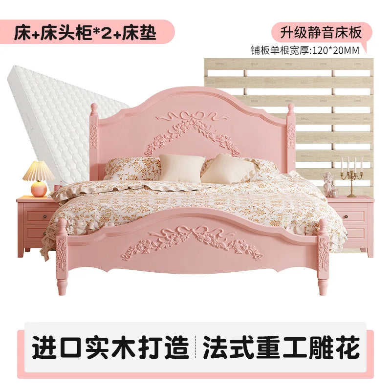 French Solid Wood Bed Pink Princess Bed Girl Bedroom 1.8 Meters 1.5m Double Retro European Carved Bed American