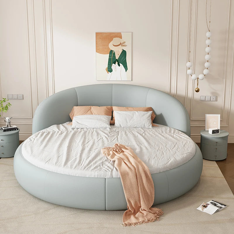 Round Leather Double Bed Luxury Aesthetics Bedroom Modern Simple Light Luxury Bed Cream Style Adult Beliche Salon Furniture