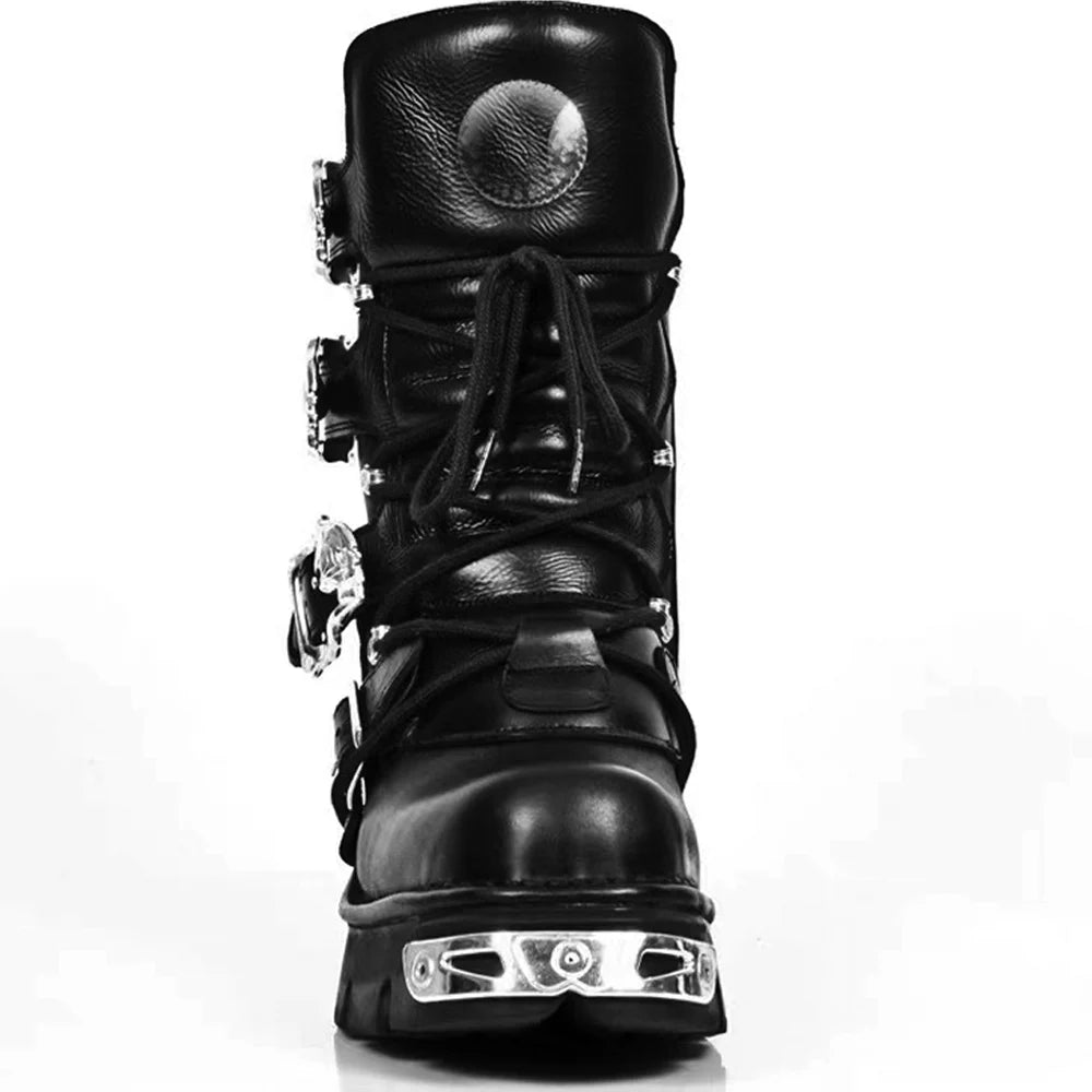 Men's Fashion Genuine Leather Motorcycle Boots Gothic Skull Punk Boots Design Rock Women Mid-calf Boots Metallic Combat Boot48