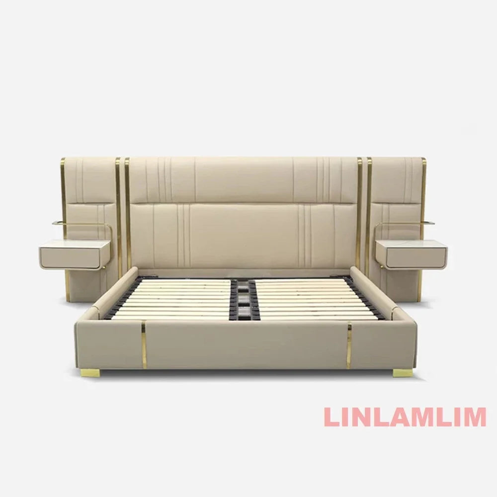 MINGDIBAO Luxury King / Queen Size Upholstered Bed Frame with Nightstands & Gold Accents, Modern Designer Genuine Leather Bed