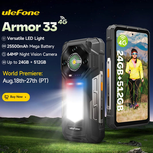 【World Premiere】Ulefone Armor 33 4G Rugged Phone 25500 mAh 512GB ROM Up to 24GB RAM 120Hz 6.59"NFC Android 15 Smartphone Globa