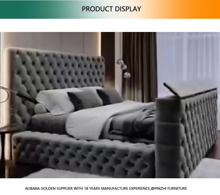 Custom HOME Remote Control Whole House Decoration King Size Smart Luxury Bed With Tv And Fireplace In Footboard Storage