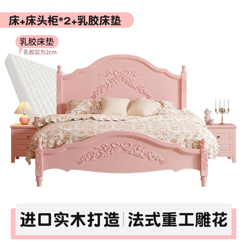 French Solid Wood Bed Pink Princess Bed Girl Bedroom 1.8 Meters 1.5m Double Retro European Carved Bed American