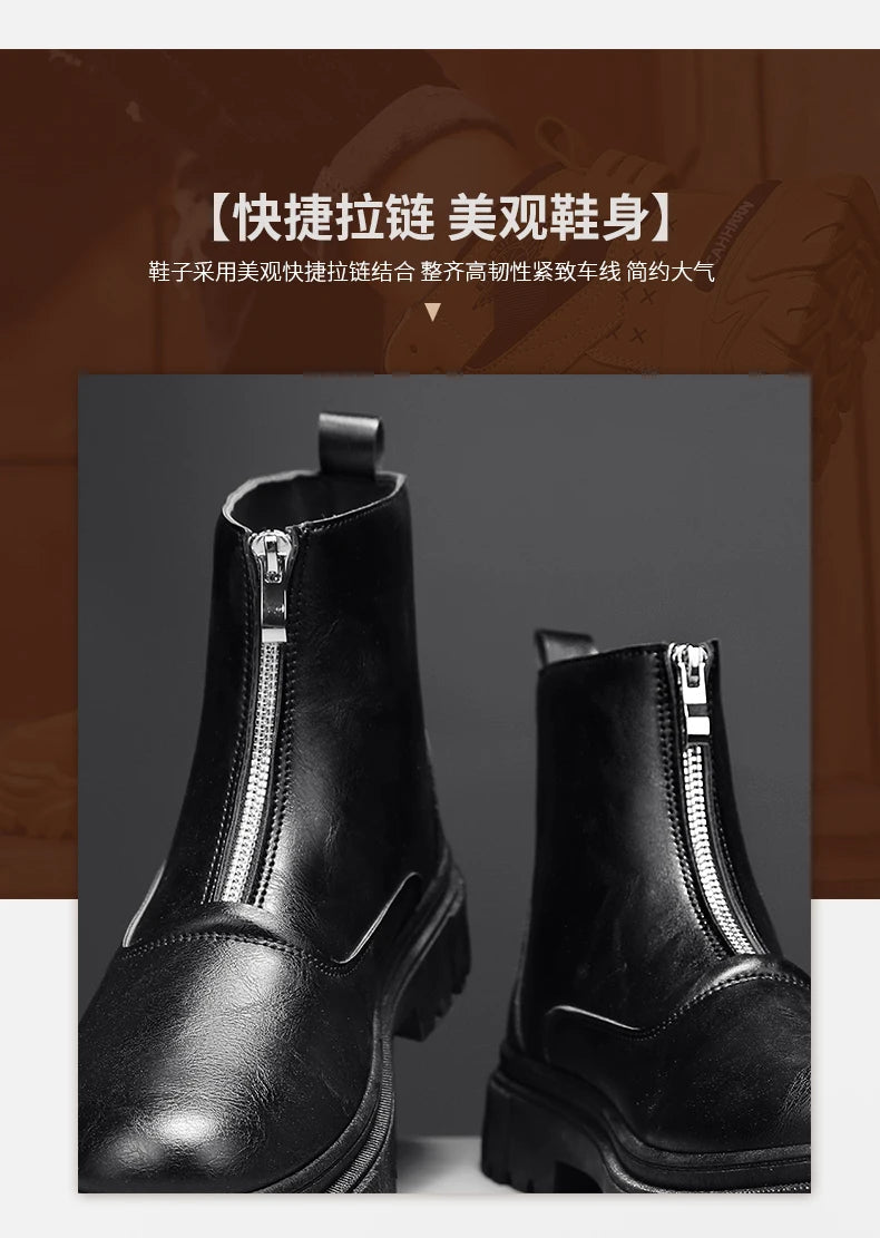 Men's Winter Leather Boots High Tops Zippers Waterproof Big Round Toe Trendy All-match New Fashion Mans Tooling Boot Main Push