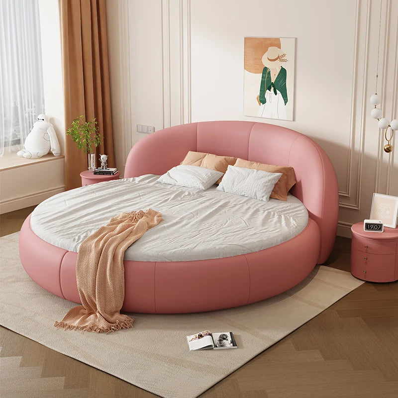 Round Leather Double Bed Luxury Aesthetics Bedroom Modern Simple Light Luxury Bed Cream Style Adult Beliche Salon Furniture