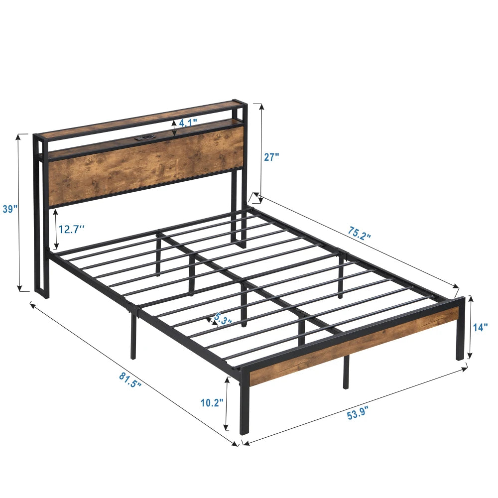 Metal Bed Frame, Wooden Headboard, USB Ports, No Box Spring, Under Bed Storage, Easy Assembly  Bed Frame Furniture Bedroom