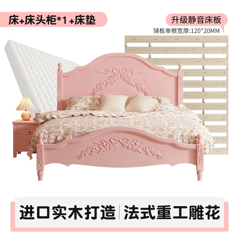 French Solid Wood Bed Pink Princess Bed Girl Bedroom 1.8 Meters 1.5m Double Retro European Carved Bed American