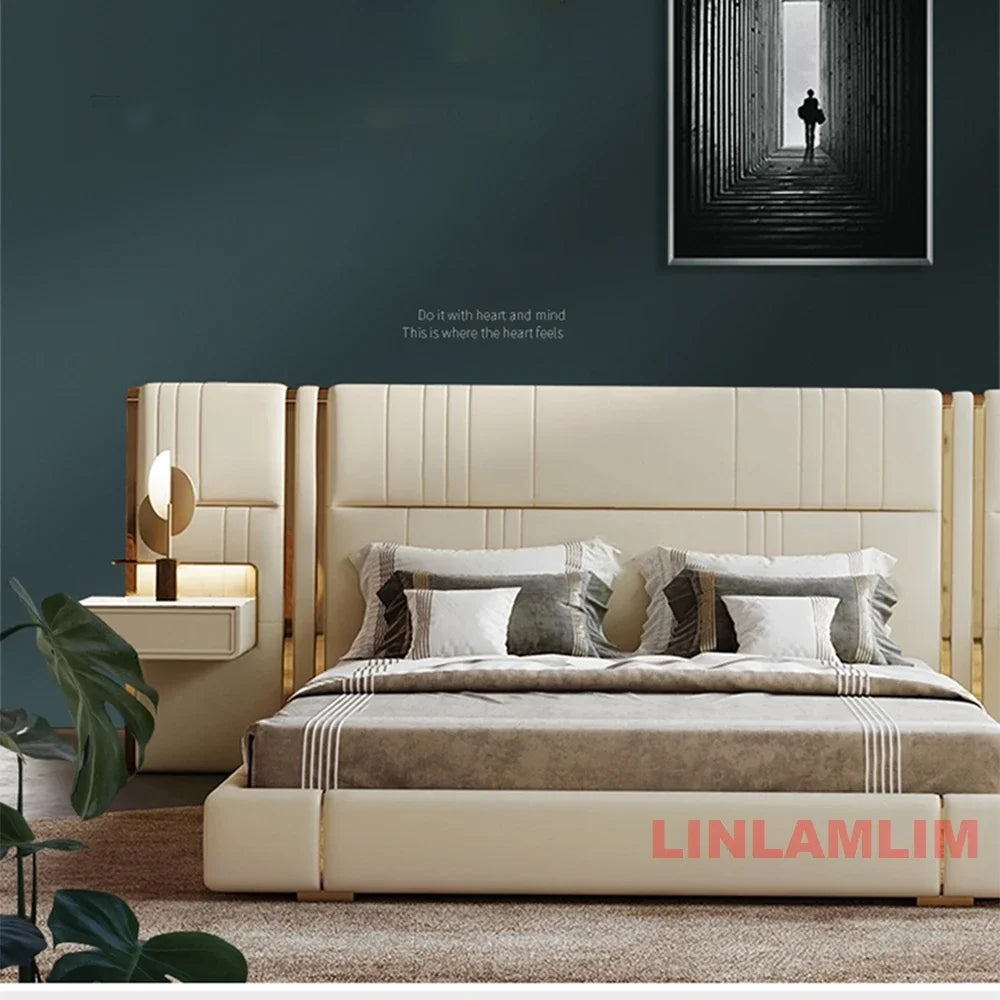 MINGDIBAO Luxury King / Queen Size Upholstered Bed Frame with Nightstands & Gold Accents, Modern Designer Genuine Leather Bed