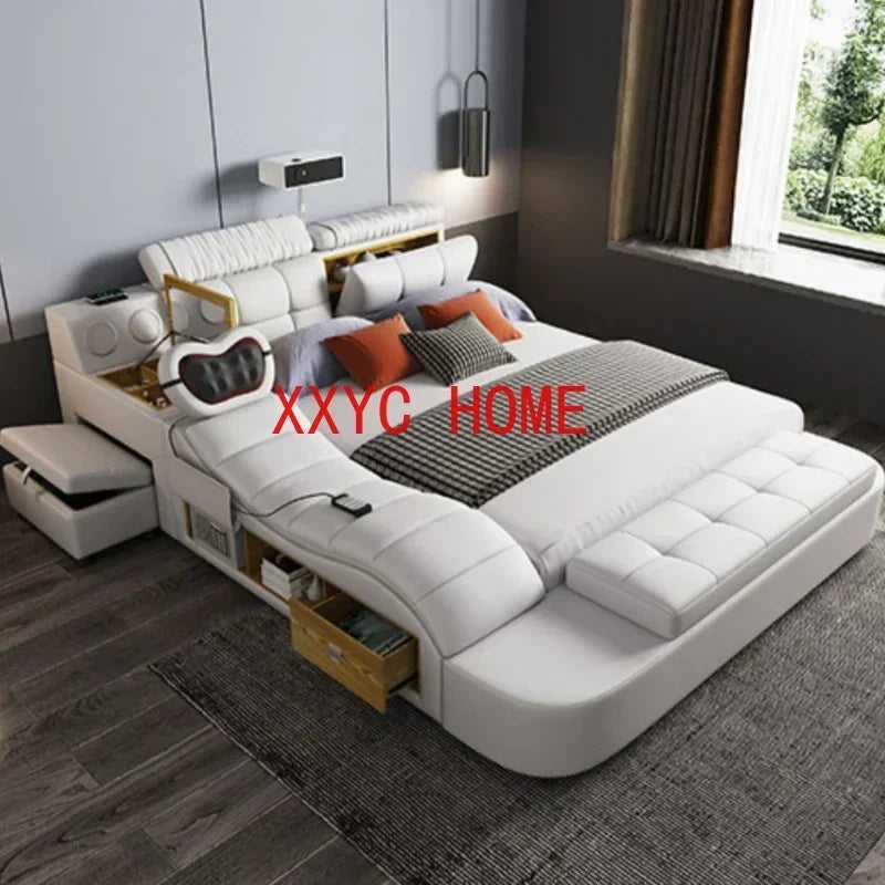 Queen Size Storage Double Bed Aesthetic Nordic Master Modern King Double Bed Multifunctional Smart Cama Casal Room Furniture