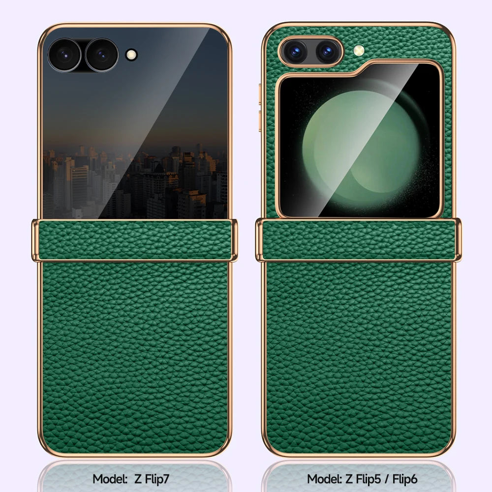 Cowhide Leather Phone Case for Samsung Galaxy Z Flip7 Flip6 Flip5 Flip 7 6 5 Luxury Hinge Protection Cover with Tempered Glass