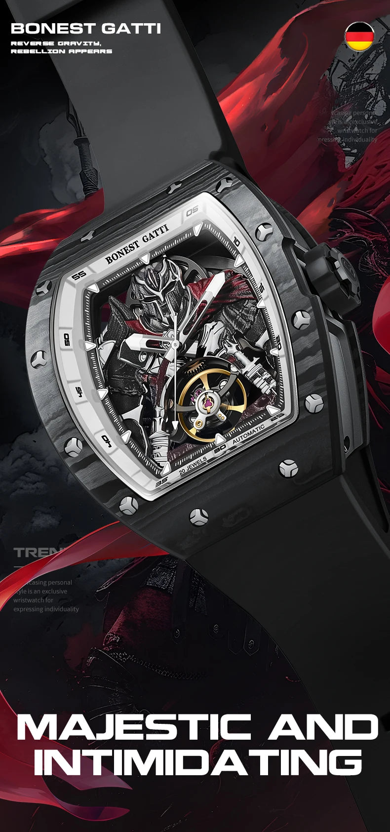 BONEST GATTI Fashion Automatic Movement Wristwatch Skeleton Luminous Big Dial Sapphire Glass Mechanical Watches for Men