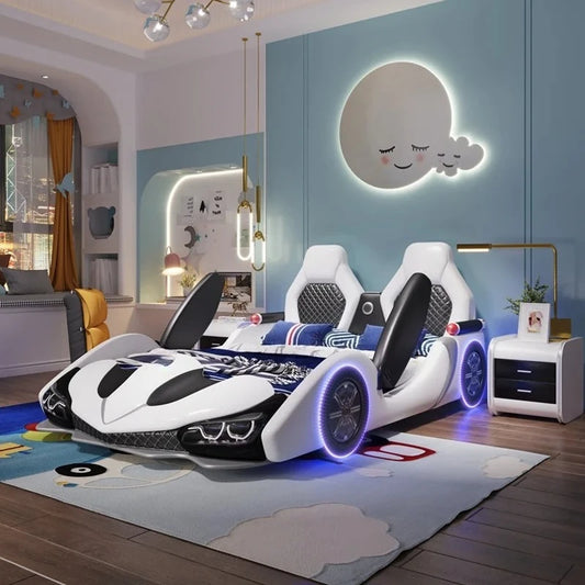 full king size Up down doors car children beds LED lights Bluetooth speakers double kids bedroom  bed bed base boy furniture