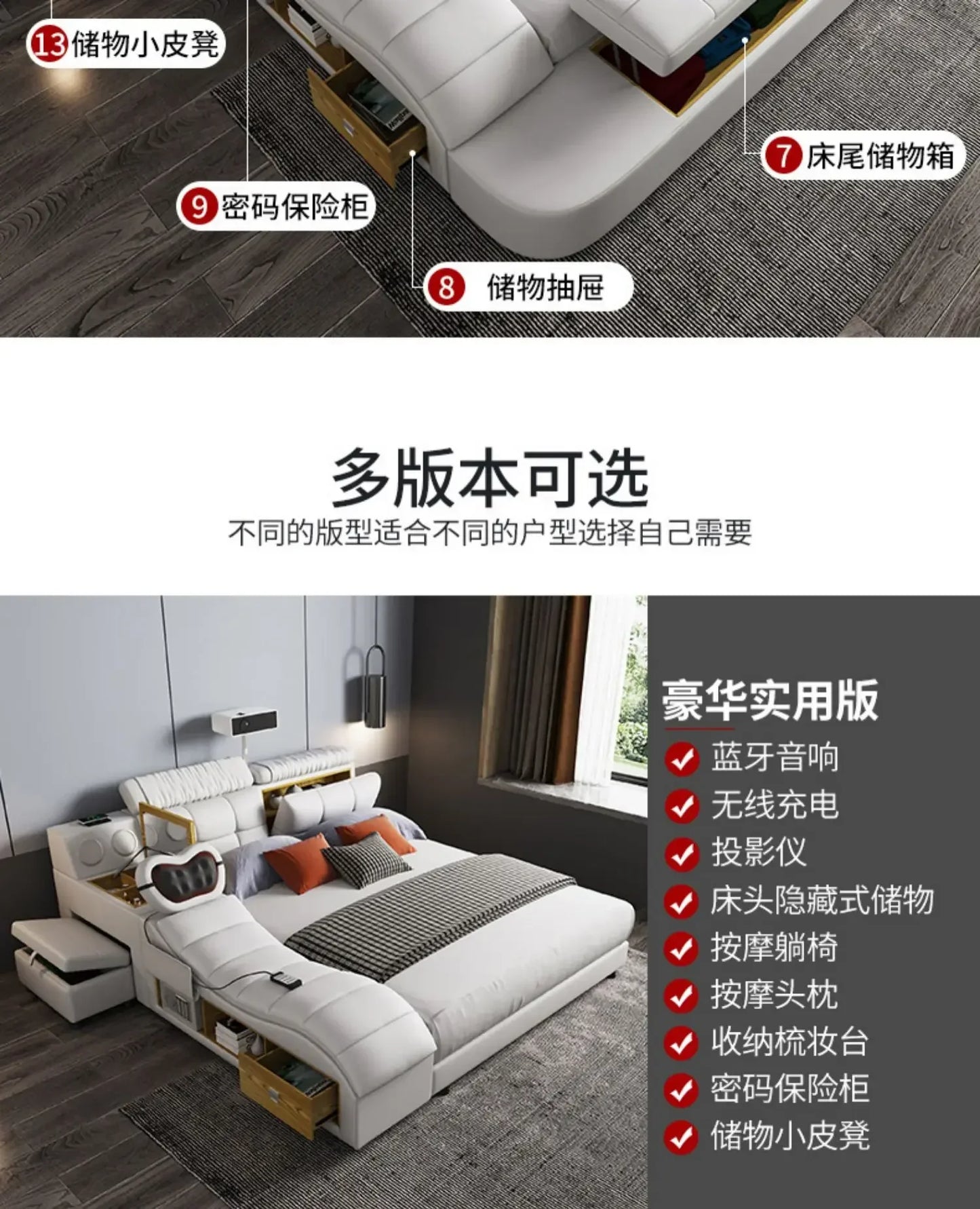 Queen Size Storage Double Bed Aesthetic Nordic Master Modern King Double Bed Multifunctional Smart Cama Casal Room Furniture