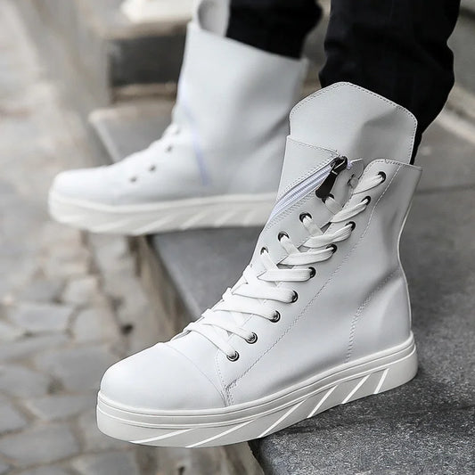 Fashion Pleated Leather Mens Casual Shoes Spring Autumn New High Top Men Boots Ankle Mens Boots Zipper Casual Footwear white