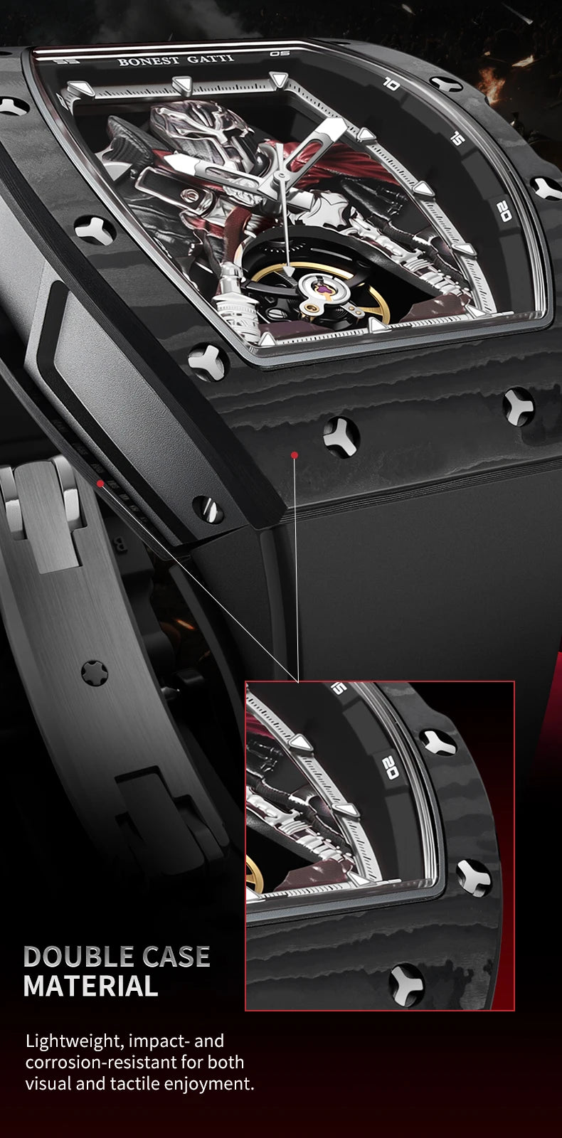 BONEST GATTI Fashion Automatic Movement Wristwatch Skeleton Luminous Big Dial Sapphire Glass Mechanical Watches for Men