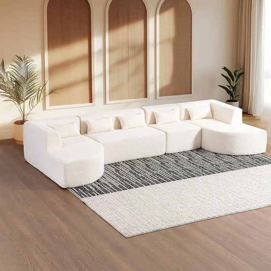 144" Upholstered Sofa, Deep Seat Modern Modular Sofa with 2 Movable Chaise Lounge & 5 Pillows, Free-Combined Couch for Living Ro