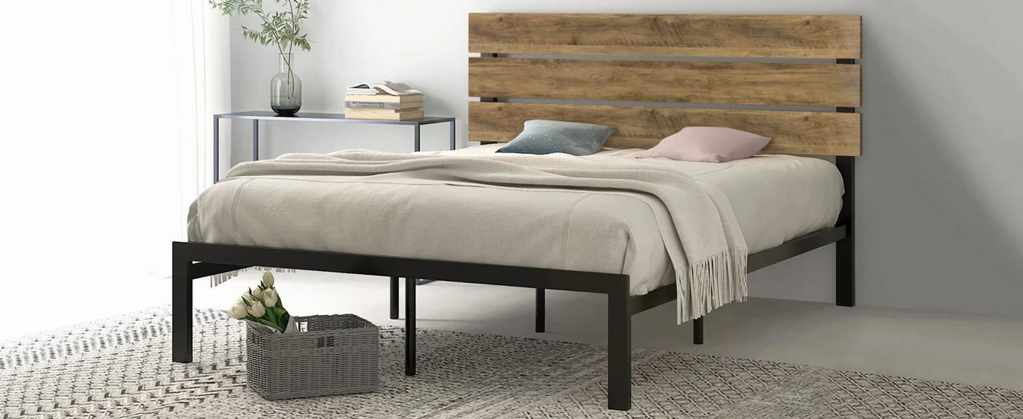 Queen Bed Frame with Headboard, Heavy Duty Platform Base with Under-Bed Storage, Solid Metal Construction, No Box Spr
