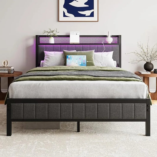 LED Bed Frame with Storage Headboard & Charging Station, No Box Spring Needed Heavy Duty Metal Upholstered Platform Bed Frame