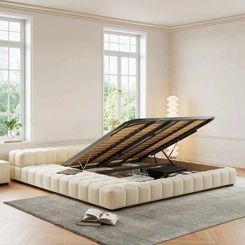 Cream Wind Tatami Floor To Ceiling Bed Master Bedroom Bed Light Luxury Fabric Logue Bed Minimalist Modern Luxury Bed 245cm Beds