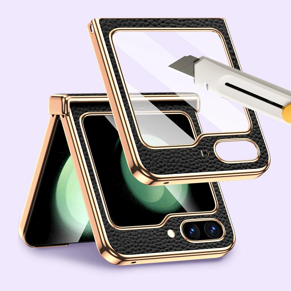 Cowhide Leather Phone Case for Samsung Galaxy Z Flip7 Flip6 Flip5 Flip 7 6 5 Luxury Hinge Protection Cover with Tempered Glass