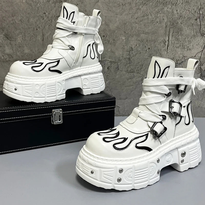 Men's 2024 Winter New Thick-soled Inner Heightening Fashion Fried Street Personality High-top Leather Boots