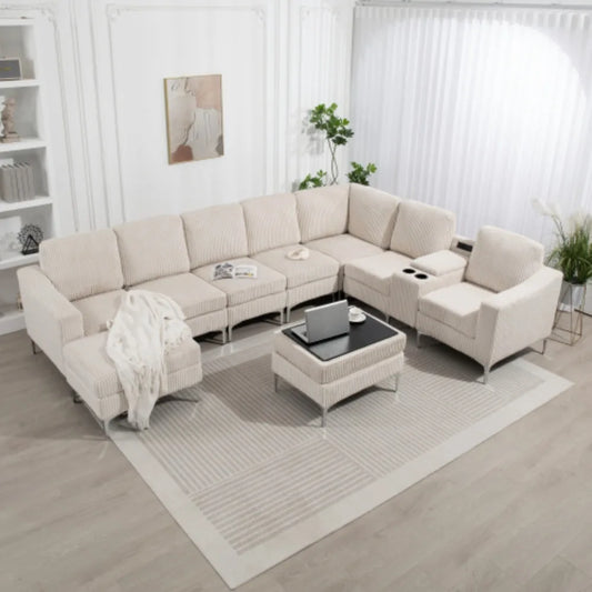 MLG Modular Corduroy Sectional Sofa with Versatile Ottoman,USB Charging, Cupholders for Apartments,Gold Metal Framed Wall Art