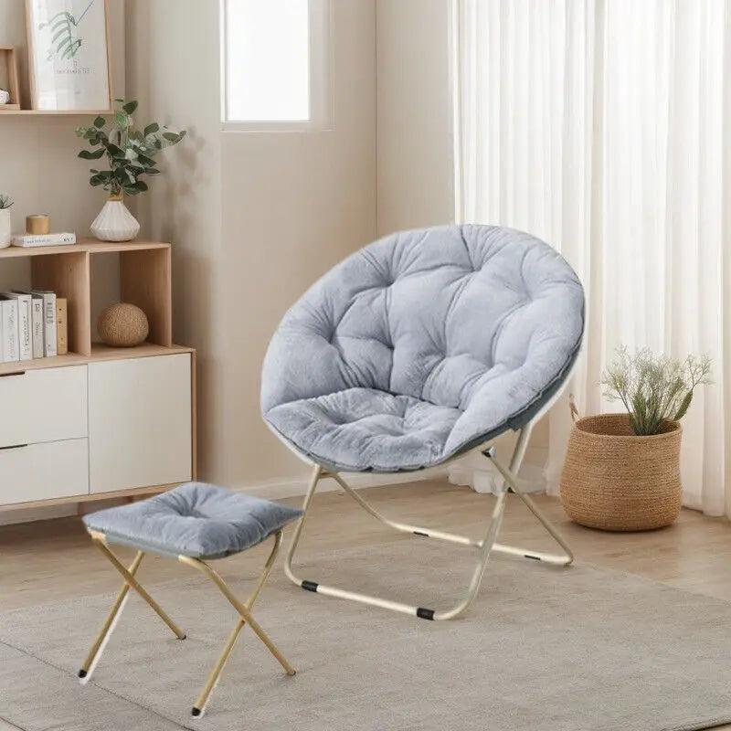 Comfortable Faux Fur Saucer Chair Round Folding Lounge Chair Living Room Flexible Seating for Adults Big Moon Shape Decorative