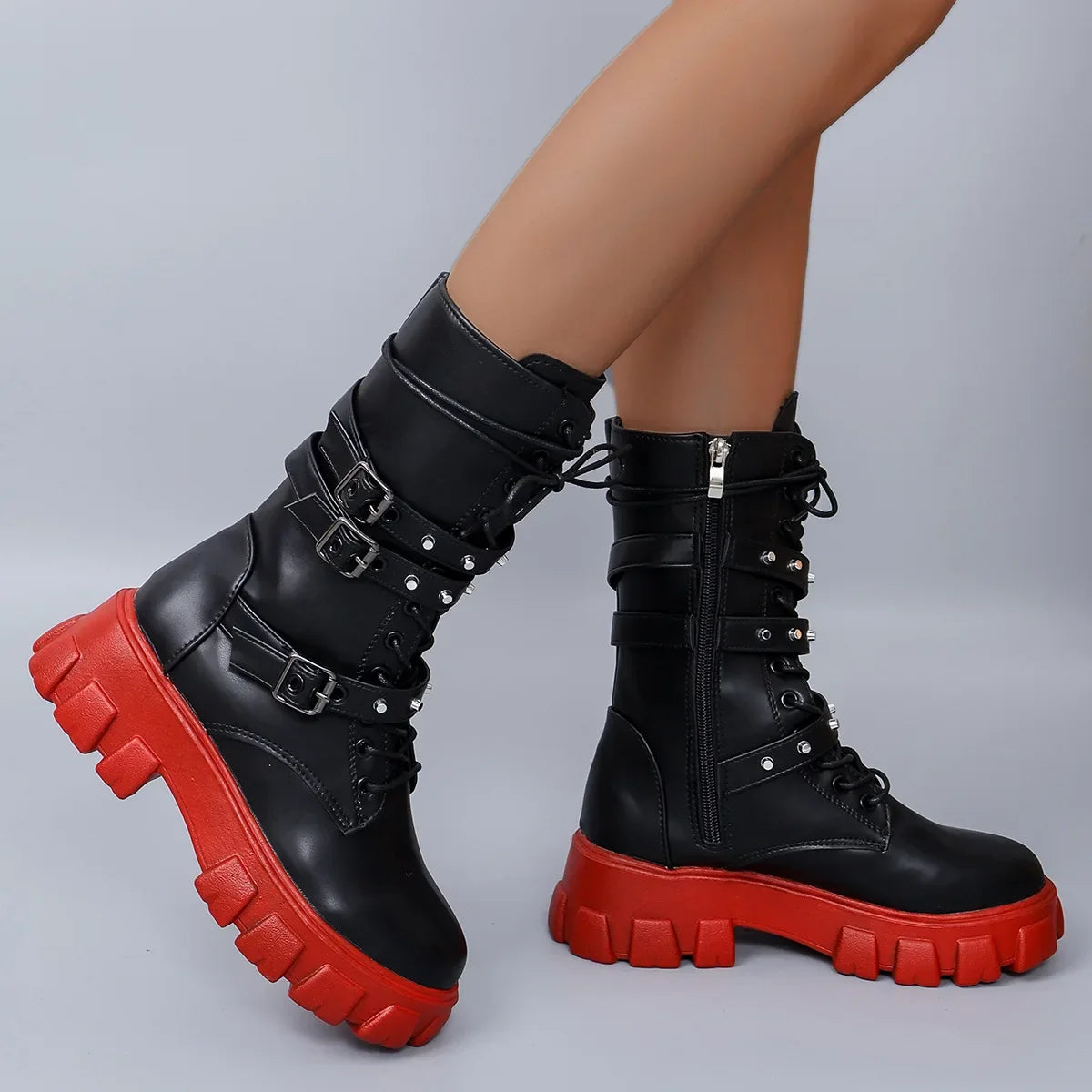 Luxury Brand Woman Boots  Winter New Pu Leather Platform Fashion Lace Up Punk Gothic Booties Casual Work Shoes botines mujer