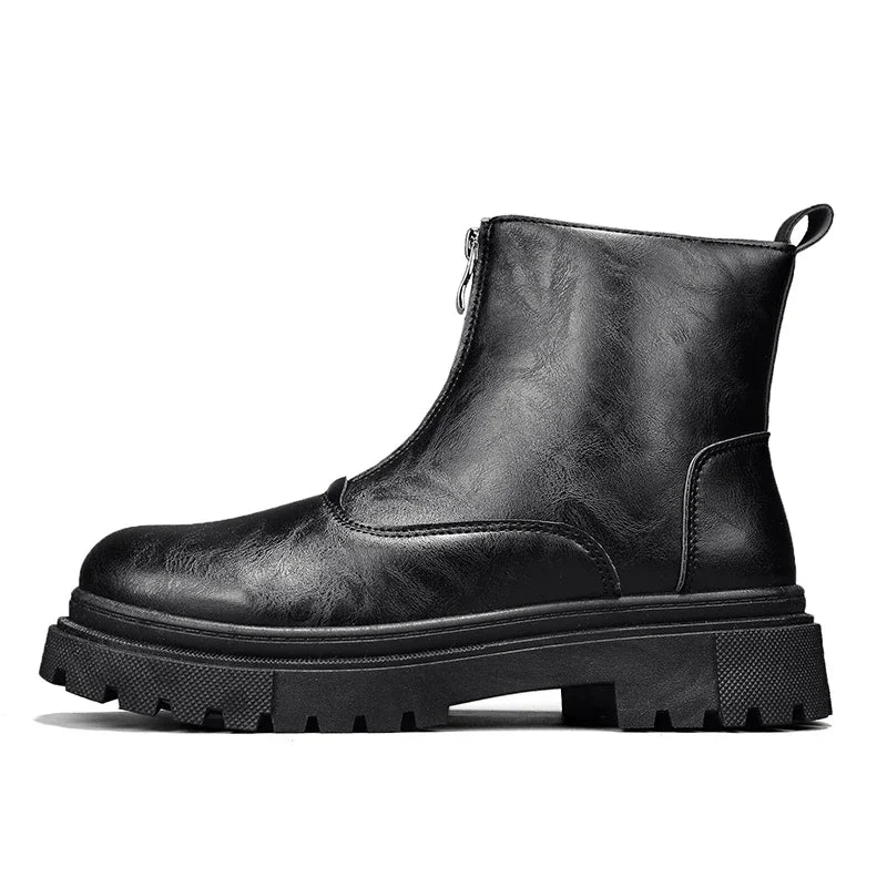 Men's Winter Leather Boots High Tops Zippers Waterproof Big Round Toe Trendy All-match New Fashion Mans Tooling Boot Main Push