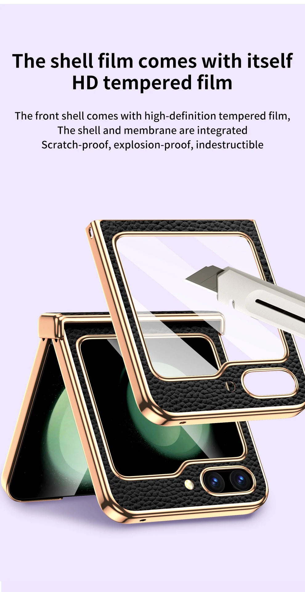 Cowhide Leather Phone Case for Samsung Galaxy Z Flip7 Flip6 Flip5 Flip 7 6 5 Luxury Hinge Protection Cover with Tempered Glass