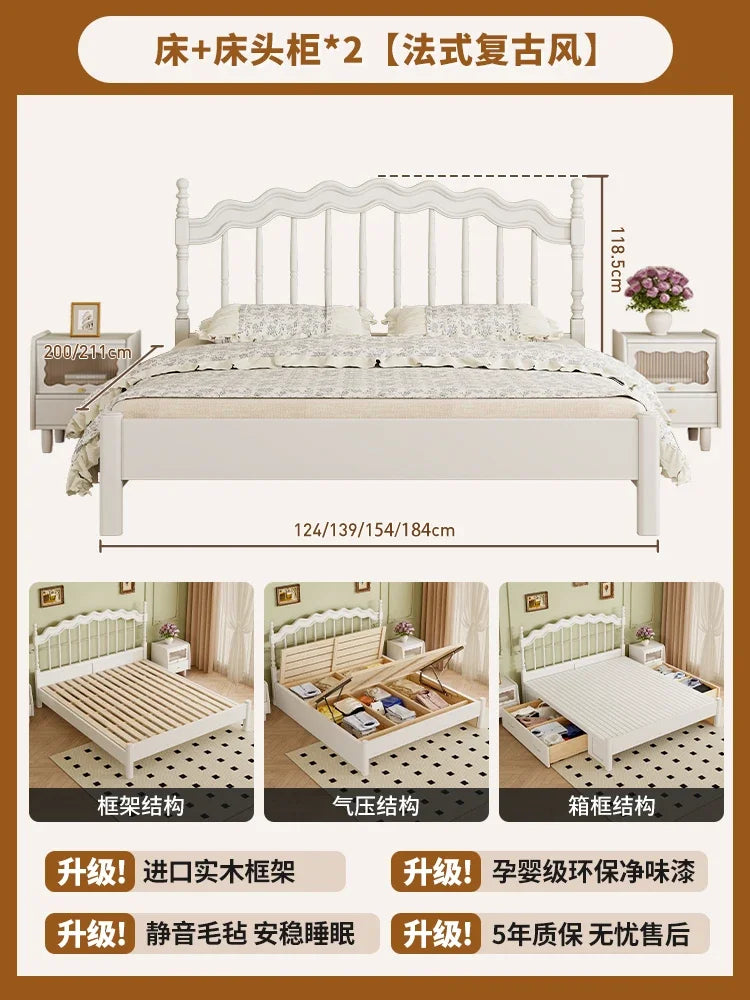 French Solid Wood Bed White Cream Wind Princess Fashion Design Bed Aesthetics Square Modern Sleeping Muebles Lounge Furniture