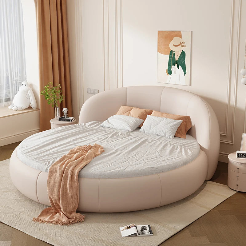 Round Leather Double Bed Luxury Aesthetics Bedroom Modern Simple Light Luxury Bed Cream Style Adult Beliche Salon Furniture