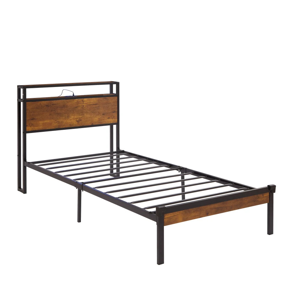 Metal Bed Frame, Wooden Headboard, USB Ports, No Box Spring, Under Bed Storage, Easy Assembly  Bed Frame Furniture Bedroom