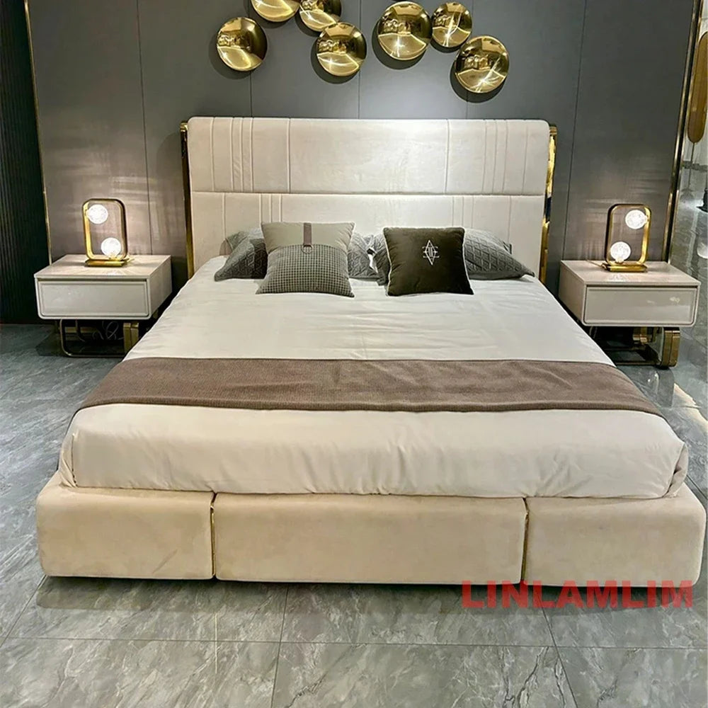 MINGDIBAO Luxury King / Queen Size Upholstered Bed Frame with Nightstands & Gold Accents, Modern Designer Genuine Leather Bed