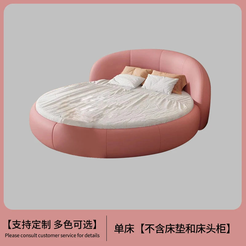 Round Leather Double Bed Luxury Aesthetics Bedroom Modern Simple Light Luxury Bed Cream Style Adult Beliche Salon Furniture