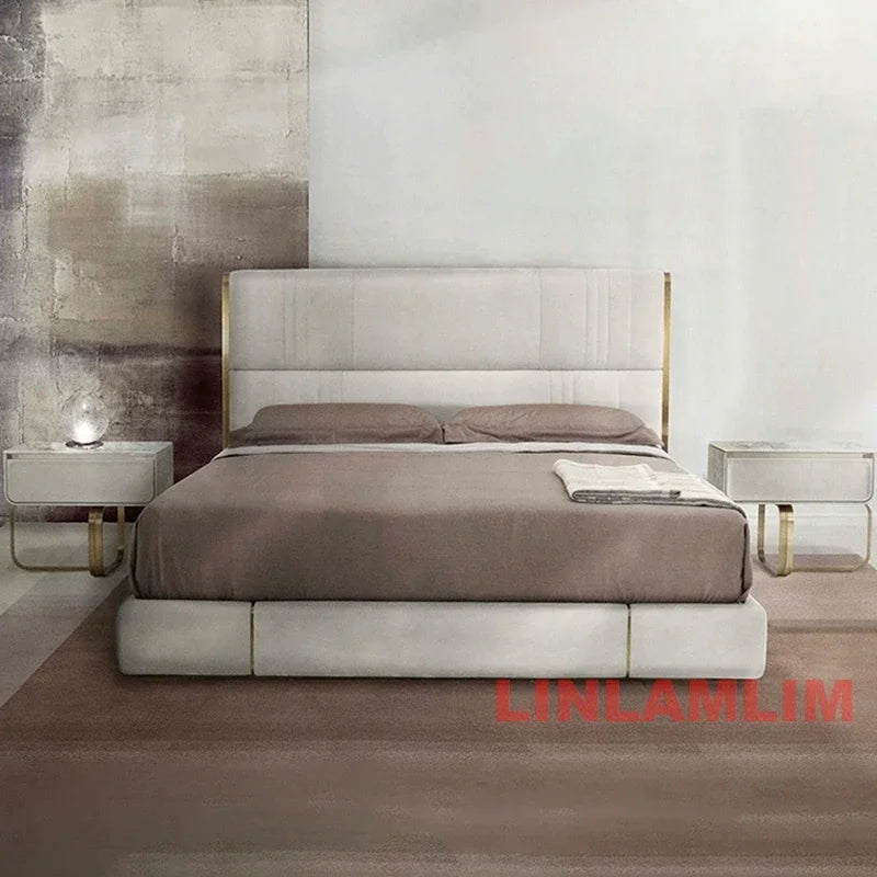MINGDIBAO Luxury King / Queen Size Upholstered Bed Frame with Nightstands & Gold Accents, Modern Designer Genuine Leather Bed