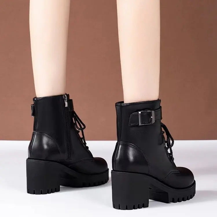 Winter Women's Boots 2024 New Lace Up Boots for Womens Fashion Thick Heel Side Zipper Ankle Boots Warm Female Motorcycle Shoes