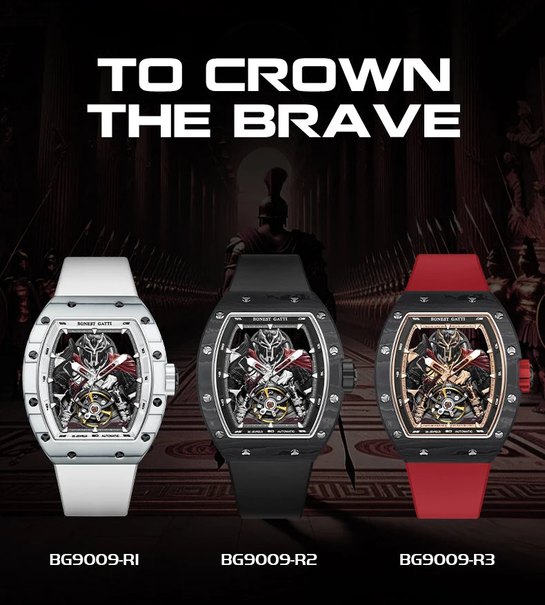 BONEST GATTI Fashion Automatic Movement Wristwatch Skeleton Luminous Big Dial Sapphire Glass Mechanical Watches for Men