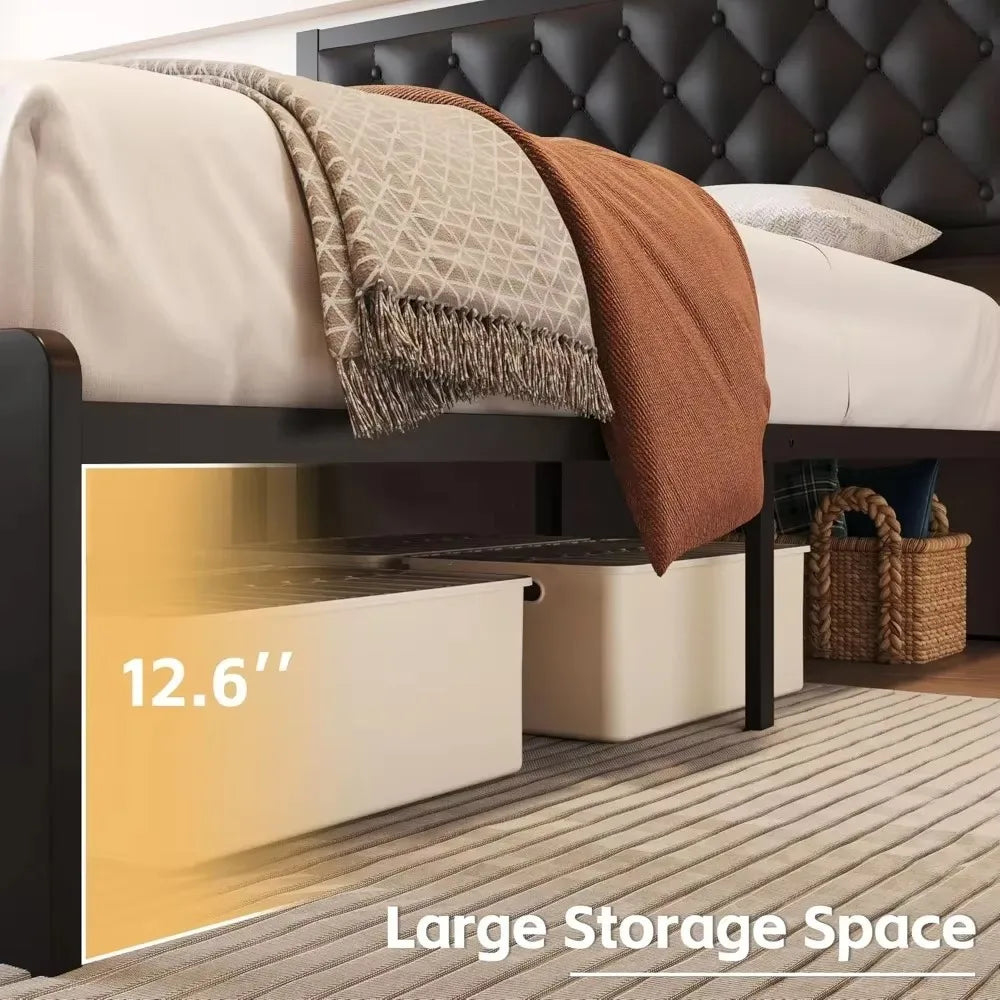 Full Size Bed Frame with Storage Space and  PU Leather Upholstered Bed Frame Platform, Easy Assembly, No Box Spring Needed
